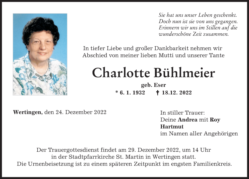 Traueranzeige von Charlotte Bühlmeier von Wertinger Zeitung, Augsburg-Land