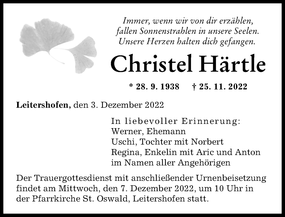  Traueranzeige für Christel Härtle vom 03.12.2022 aus Augsburger Allgemeine