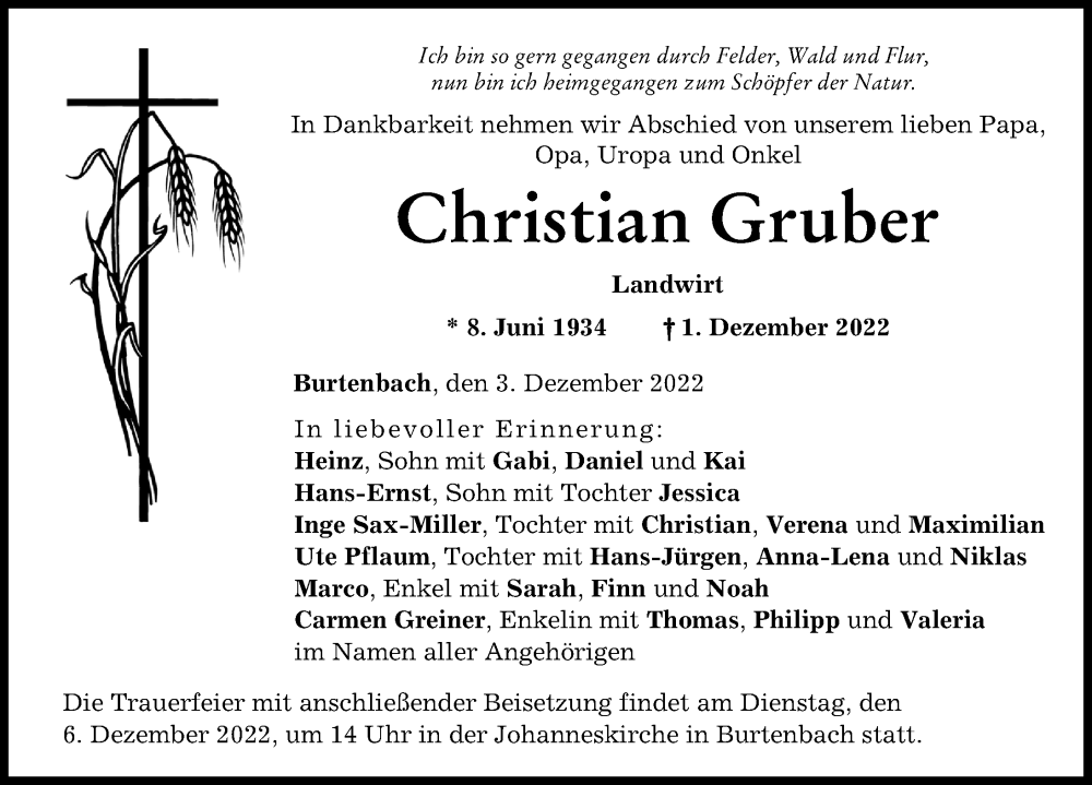  Traueranzeige für Christian Gruber vom 03.12.2022 aus Günzburger Zeitung