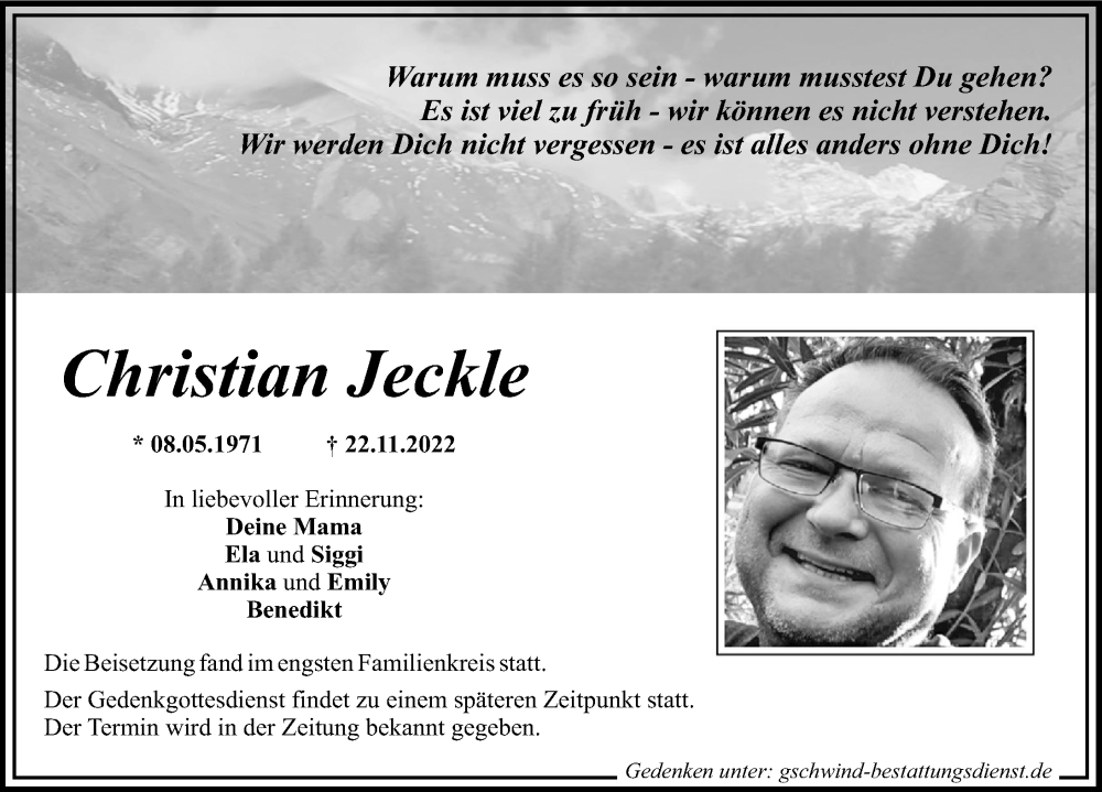 Traueranzeige von Christian Jeckle von Mittelschwäbische Nachrichten