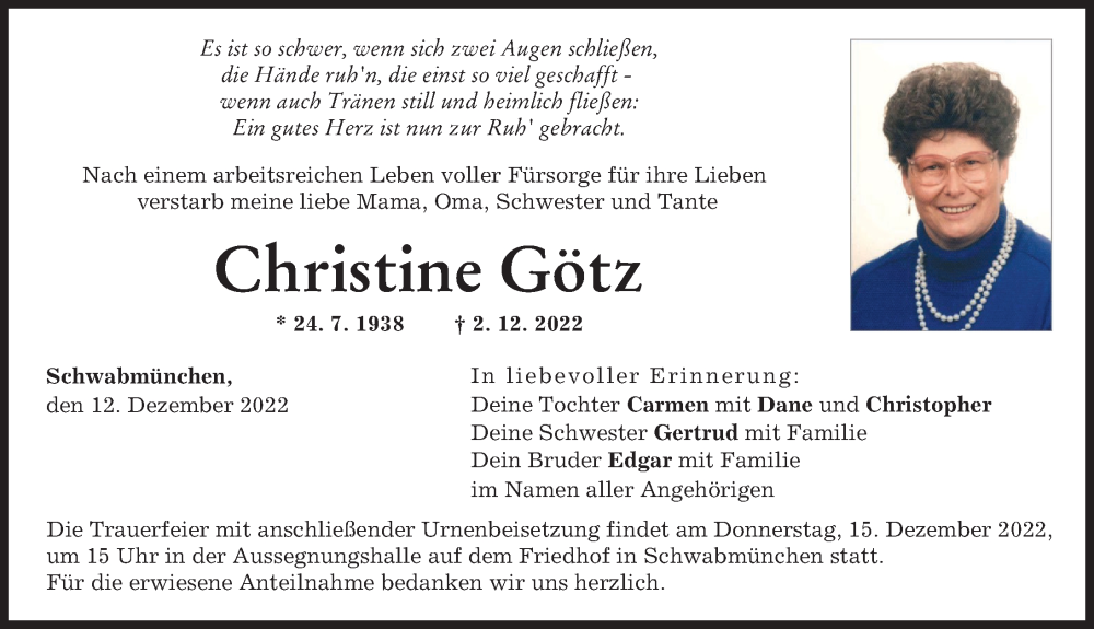 Traueranzeige von Christine Götz von Schwabmünchner Allgemeine