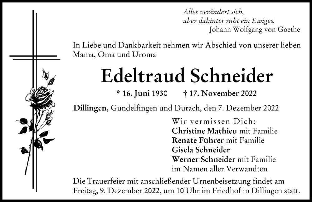 Traueranzeige von Edeltraud Schneider von Donau Zeitung