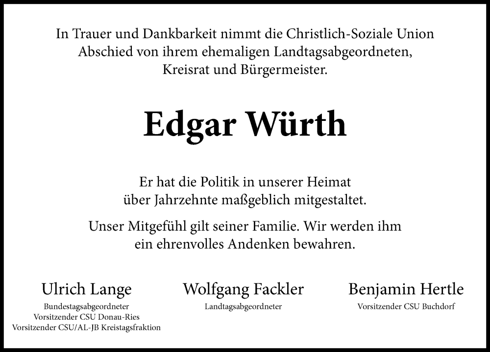 Traueranzeige von Edgar Würth von Rieser Nachrichten, Donauwörther Zeitung