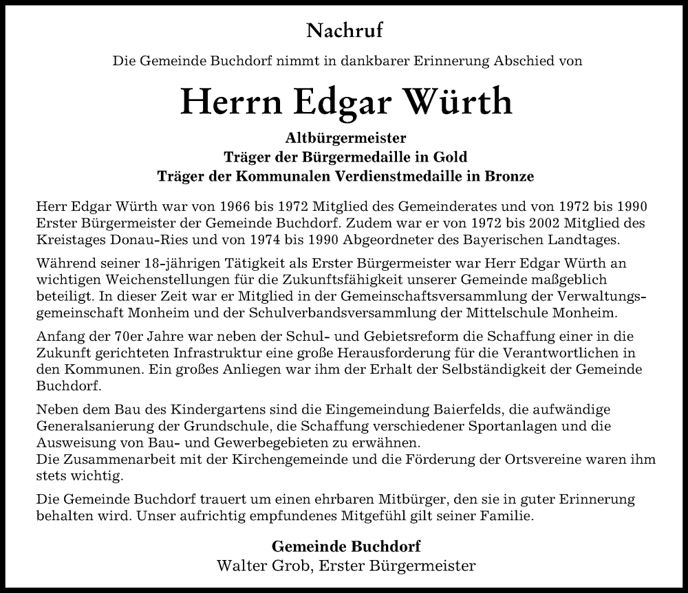 Traueranzeige von Edgar Würth von Donauwörther Zeitung