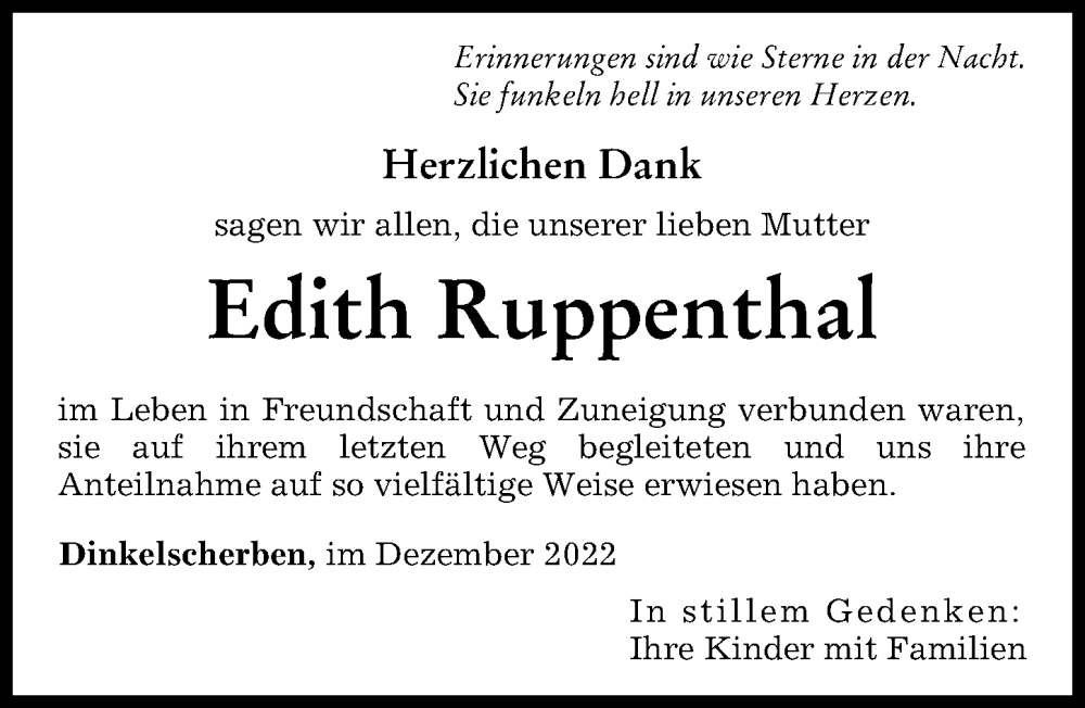  Traueranzeige für Edith Ruppenthal vom 10.12.2022 aus Augsburg-Land