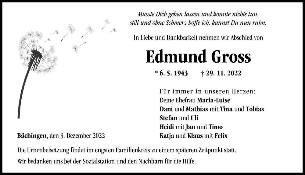  Traueranzeige für Edmund Gross vom 03.12.2022 aus Donau Zeitung