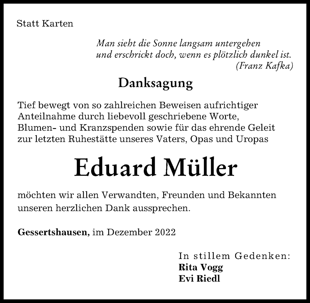  Traueranzeige für Eduard Müller vom 10.12.2022 aus Augsburg-Land