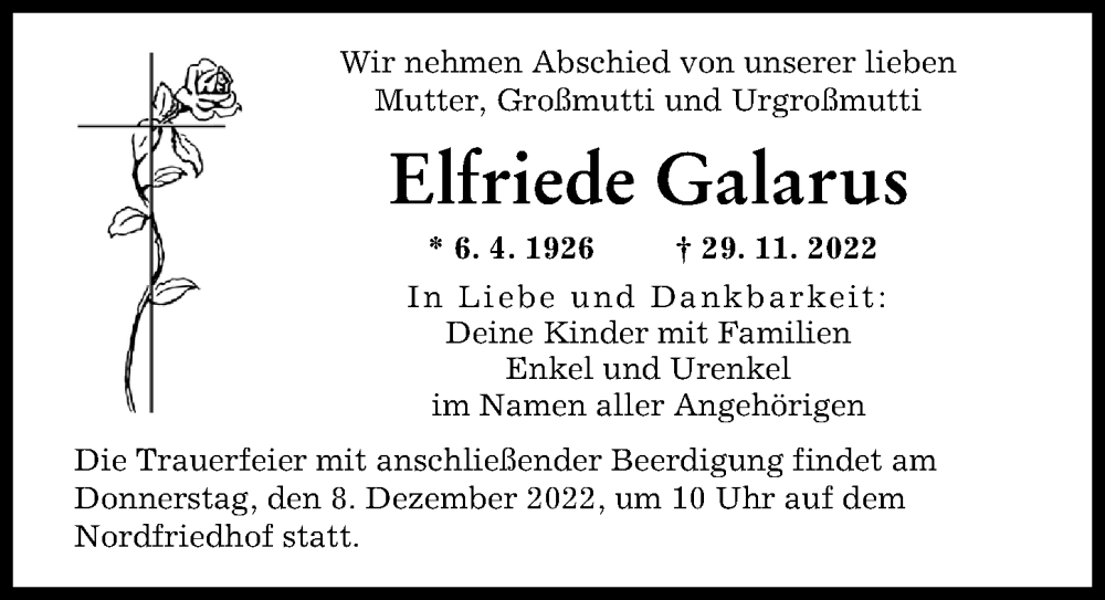  Traueranzeige für Elfriede Galarus vom 03.12.2022 aus Augsburger Allgemeine
