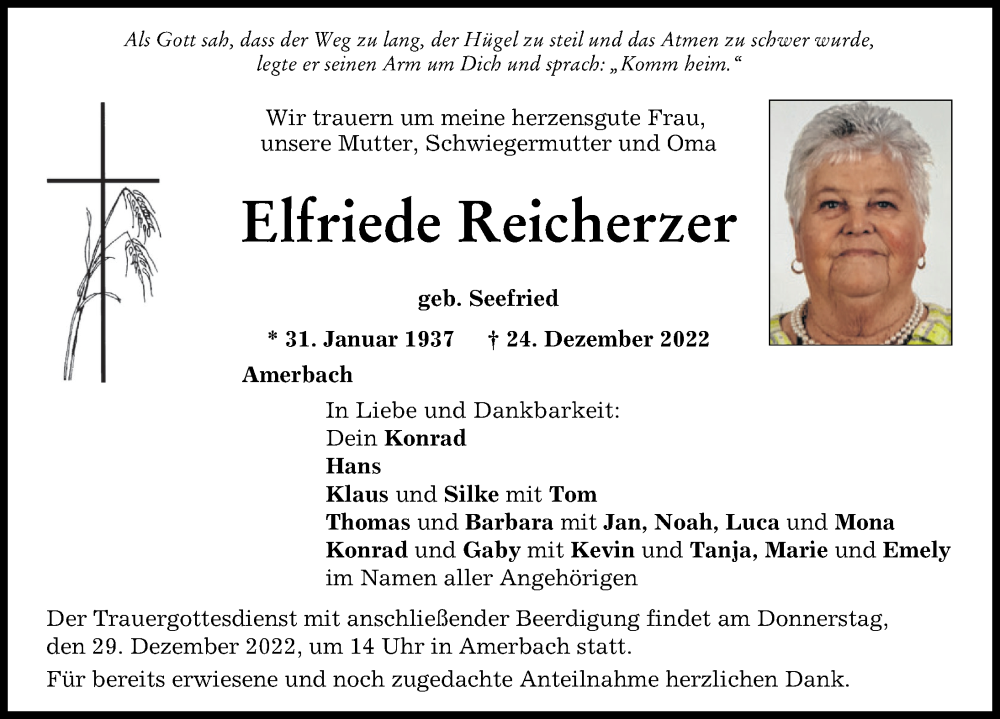 Traueranzeige von Elfriede Reicherzer von Donauwörther Zeitung