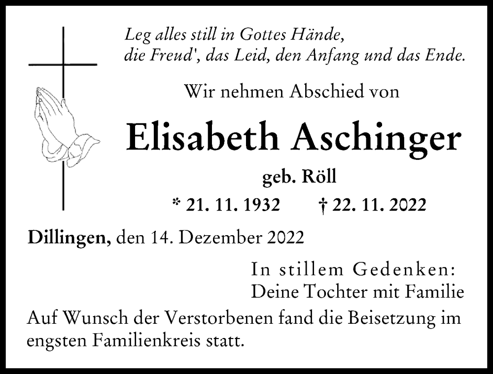 Traueranzeige von Elisabeth Aschinger von Donau Zeitung