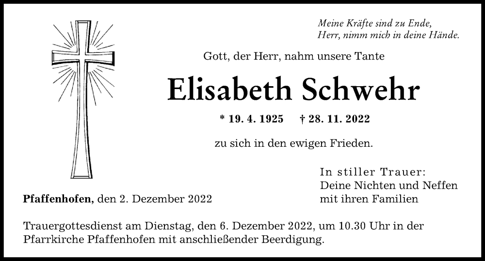 Traueranzeige von Elisabeth Schwehr von Neu-Ulmer Zeitung