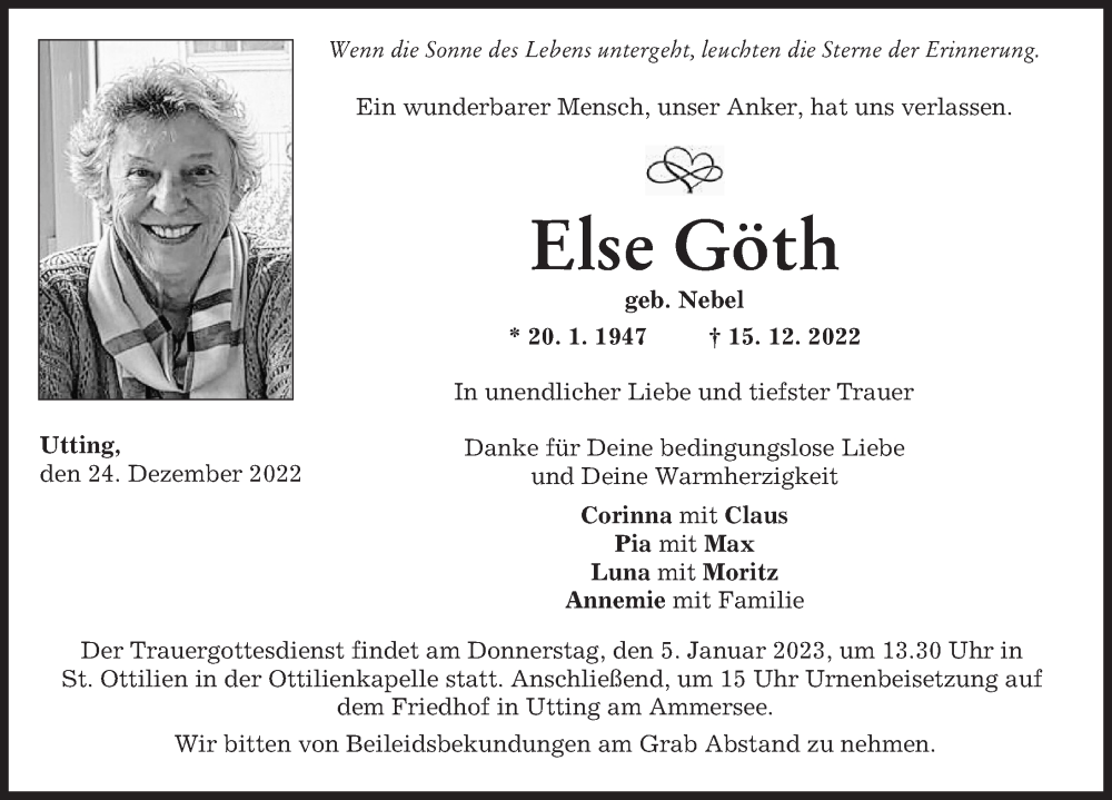 Traueranzeigen von Else Göth | Augsburger Allgemeine Zeitung