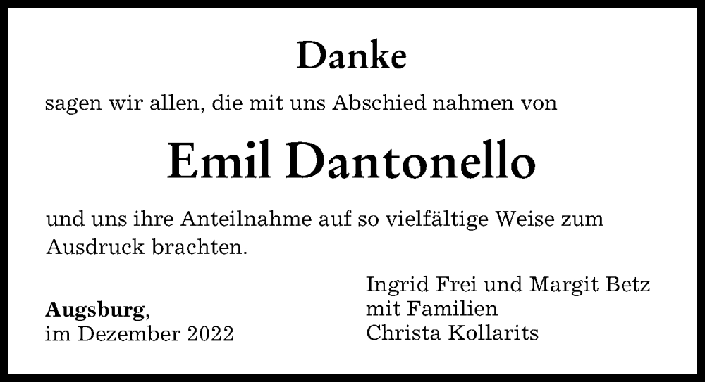  Traueranzeige für Emil Dantonello vom 23.12.2022 aus Augsburger Allgemeine