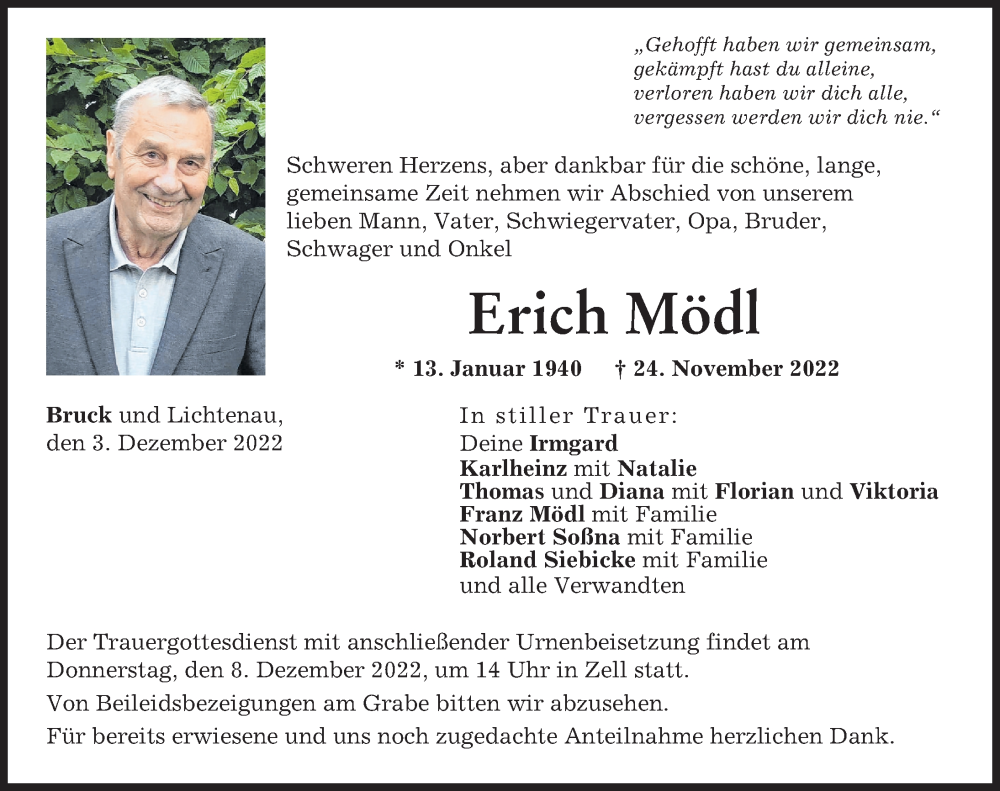  Traueranzeige für Erich Mödl vom 03.12.2022 aus Neuburger Rundschau