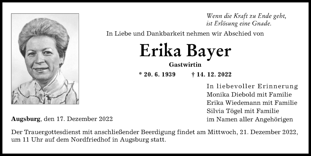 Traueranzeige von Erika Bayer von Augsburger Allgemeine