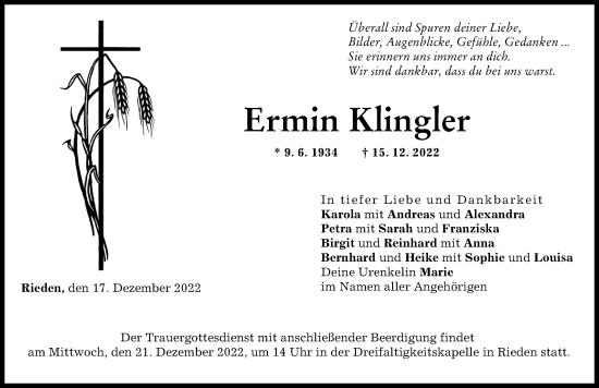 Traueranzeige von Ermin Klingler von Günzburger Zeitung