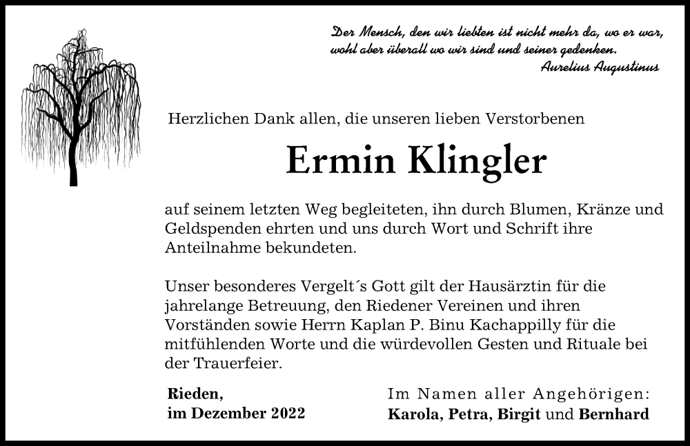 Traueranzeige von Ermin Klingler von Günzburger Zeitung