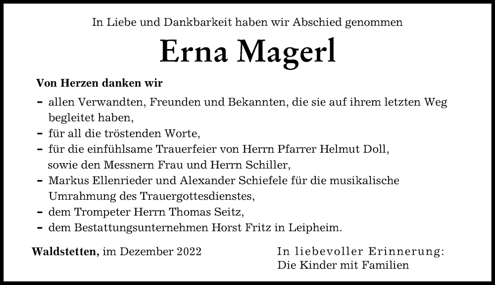 Traueranzeige von Erna Magerl von Günzburger Zeitung