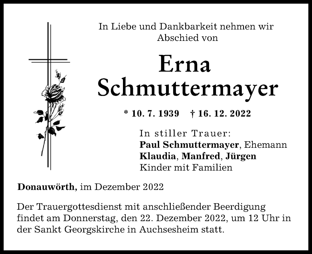 Traueranzeige von Erna Schmuttermayer von Donauwörther Zeitung