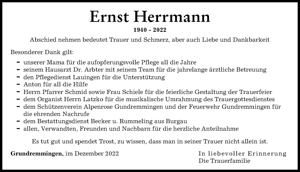  Traueranzeige für Ernst Herrmann vom 17.12.2022 aus Günzburger Zeitung
