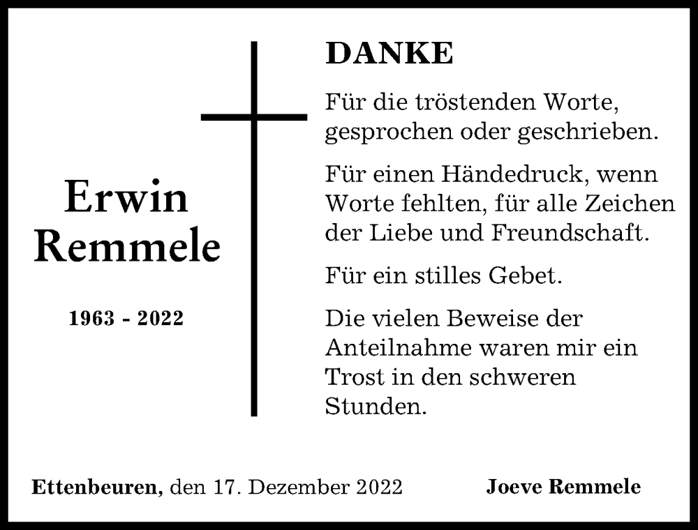  Traueranzeige für Erwin Remmele vom 17.12.2022 aus Günzburger Zeitung