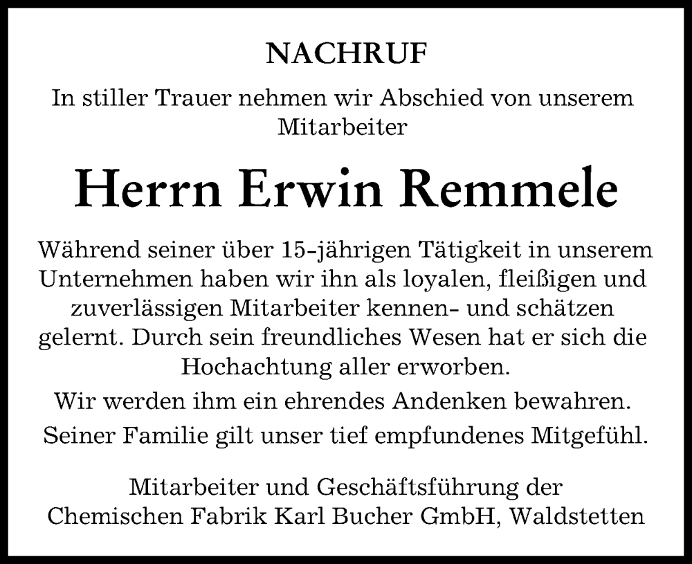  Traueranzeige für Erwin Remmele vom 03.12.2022 aus Mittelschwäbische Nachrichten, Günzburger Zeitung
