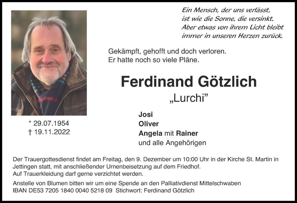  Traueranzeige für Ferdinand Götzlich vom 03.12.2022 aus Günzburger Zeitung