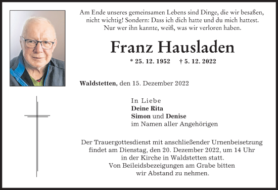 Traueranzeige von Franz Hausladen von Mittelschwäbische Nachrichten, Günzburger Zeitung