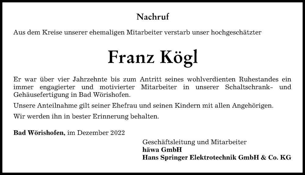  Traueranzeige für Franz Kögl vom 05.12.2022 aus Mindelheimer Zeitung