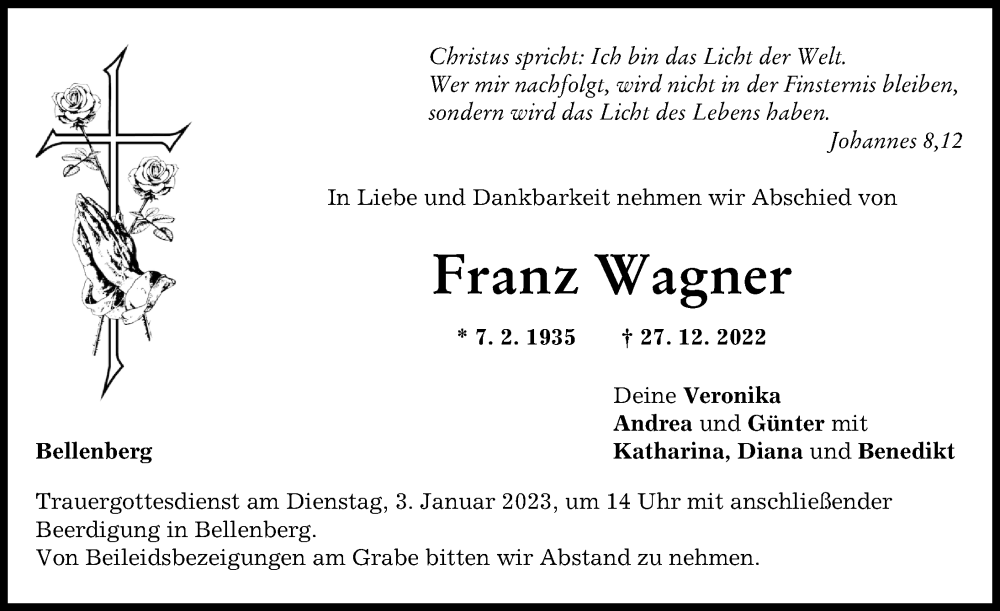 Traueranzeige von Franz Wagner von Illertisser Zeitung