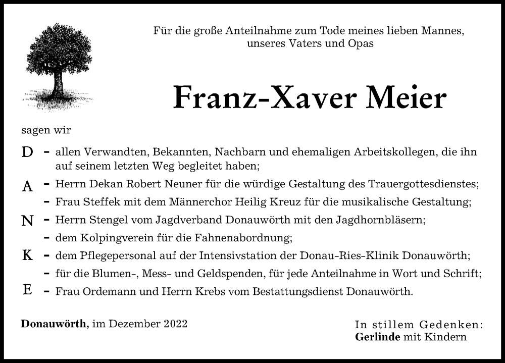  Traueranzeige für Franz-Xaver Meier vom 07.12.2022 aus Donauwörther Zeitung