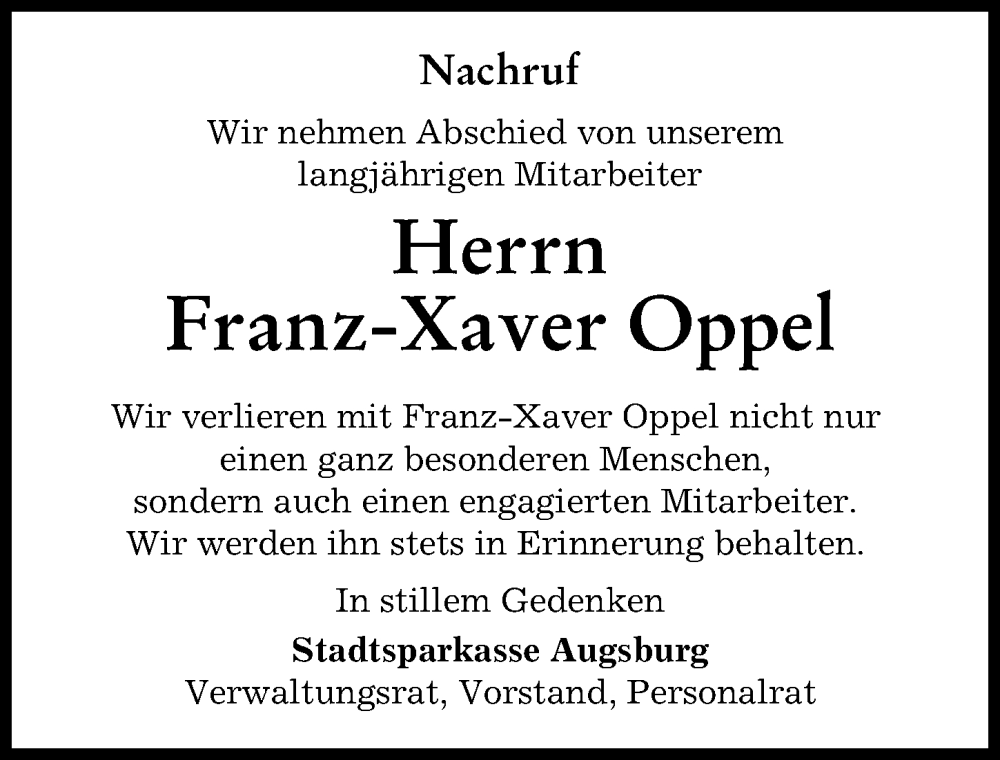 Traueranzeige von Franz-Xaver Oppel von Augsburger Allgemeine