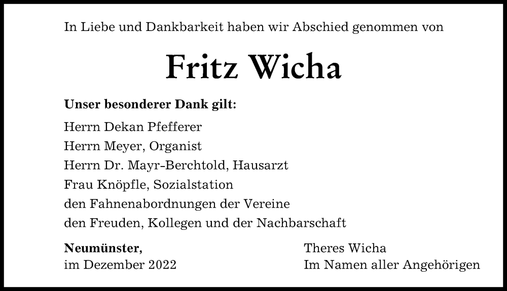  Traueranzeige für Fritz Wicha vom 03.12.2022 aus Augsburger Allgemeine