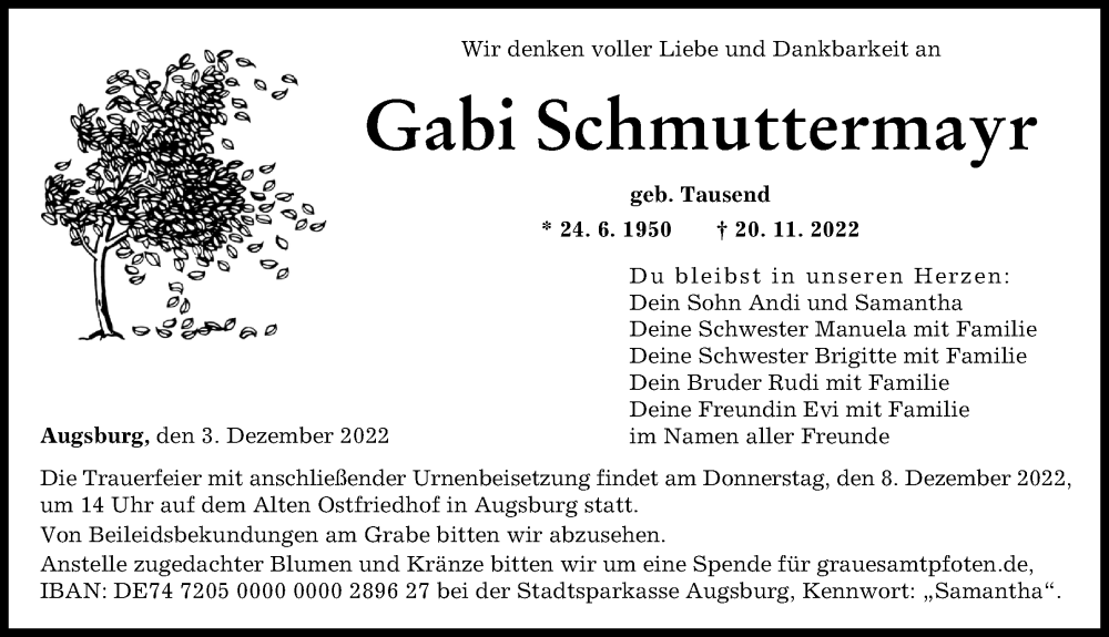 Traueranzeige für Gabi Schmuttermayr vom 03.12.2022 aus Augsburger Allgemeine