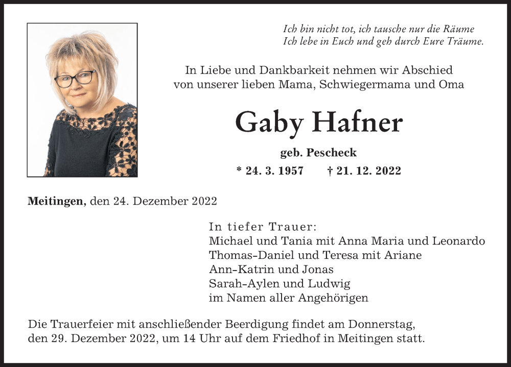 Traueranzeigen von Gaby Hafner | Augsburger Allgemeine Zeitung