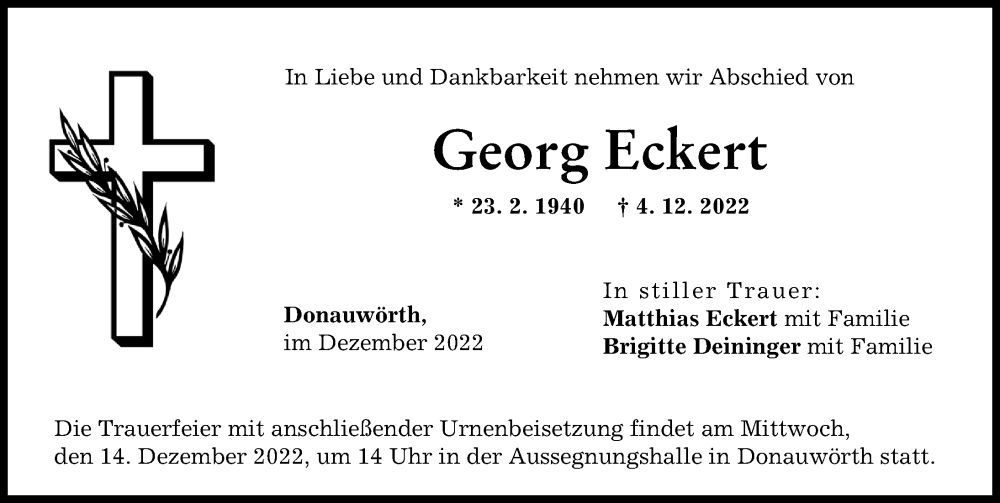 Traueranzeige von Georg Eckert von Donauwörther Zeitung