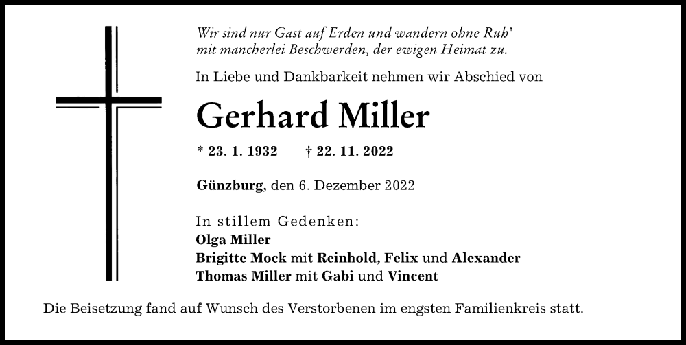  Traueranzeige für Gerhard Miller vom 06.12.2022 aus Günzburger Zeitung
