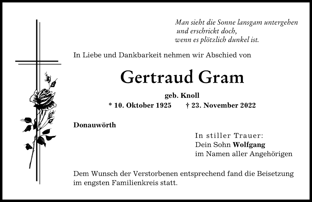 Traueranzeige von Gertraud Gram von Donauwörther Zeitung