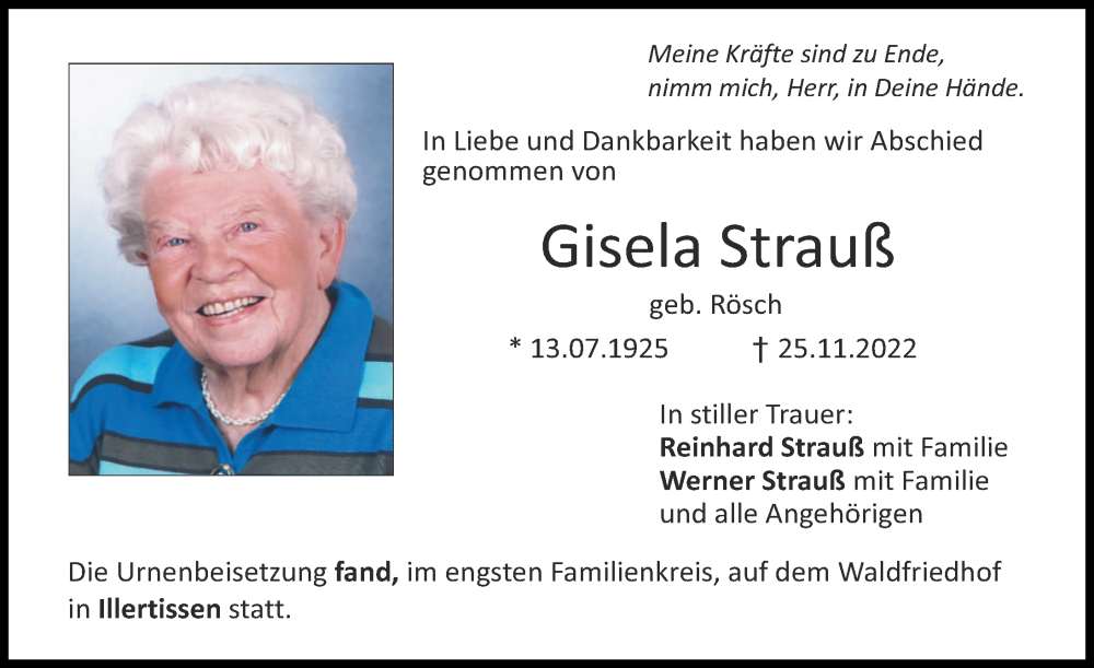  Traueranzeige für Gisela Strauß vom 07.12.2022 aus Illertisser Zeitung