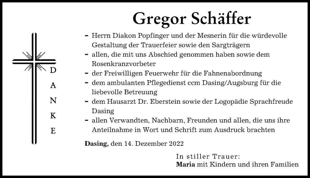  Traueranzeige für Gregor Schäffer vom 17.12.2022 aus Friedberger Allgemeine