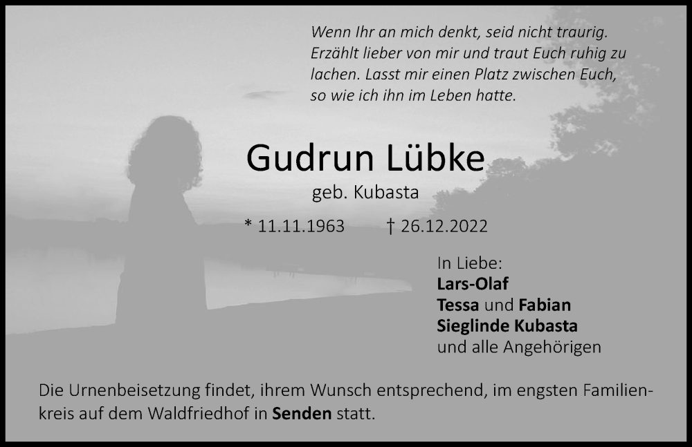  Traueranzeige für Gudrun Lübke vom 30.12.2022 aus Illertisser Zeitung