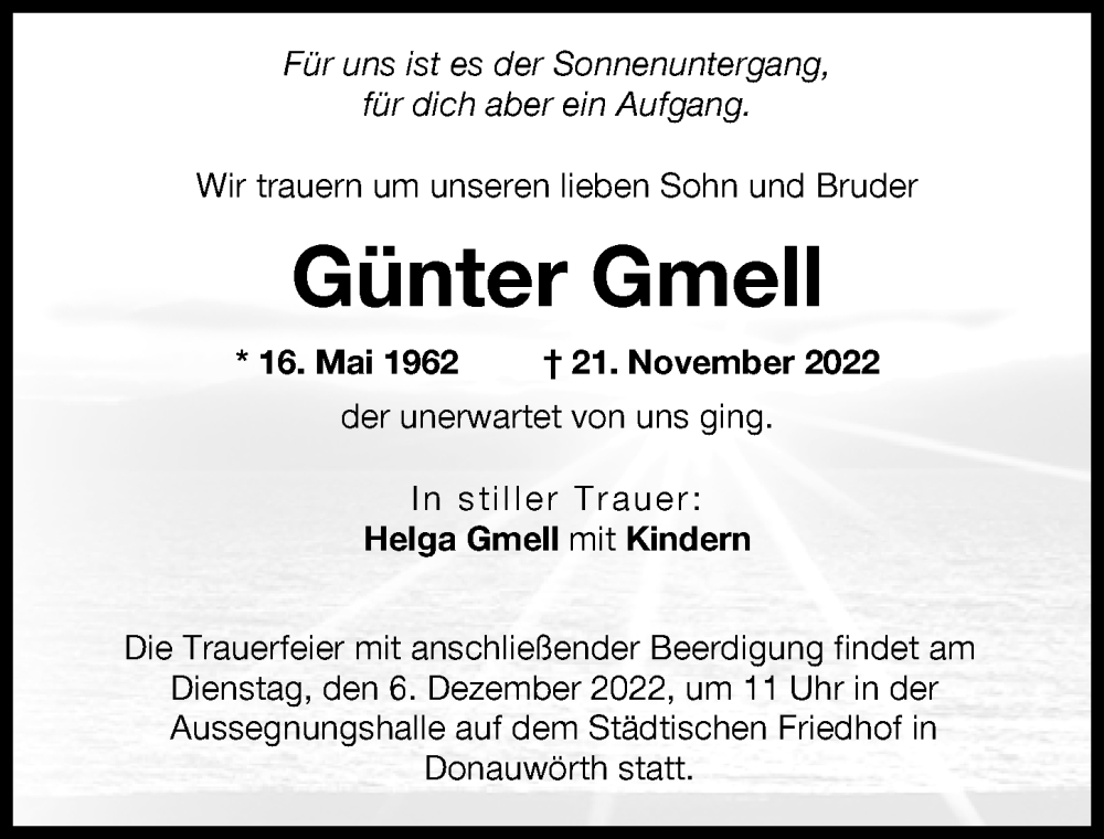  Traueranzeige für Günter Gmell vom 03.12.2022 aus Donauwörther Zeitung