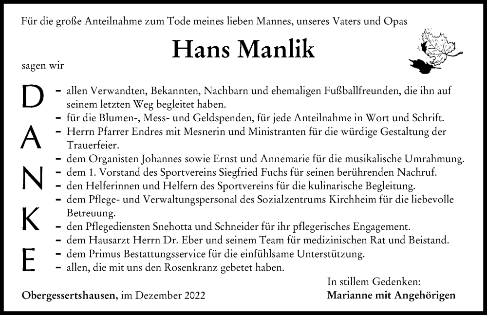  Traueranzeige für Hans Manlik vom 10.12.2022 aus Mindelheimer Zeitung, Schwabmünchner Allgemeine, Mittelschwäbische Nachrichten