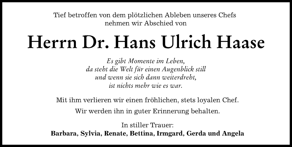  Traueranzeige für Hans Ulrich Haase vom 17.12.2022 aus Landsberger Tagblatt