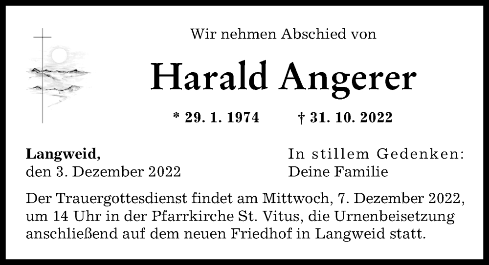  Traueranzeige für Harald Angerer vom 03.12.2022 aus Augsburg-Land