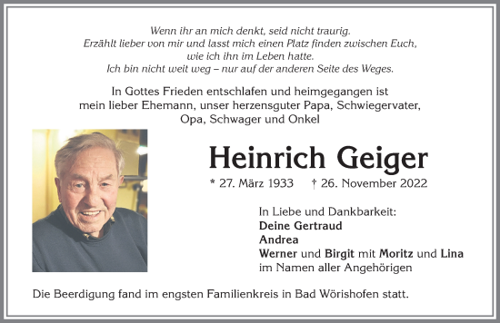 Traueranzeigen von Heinrich Geiger | Augsburger Allgemeine Zeitung