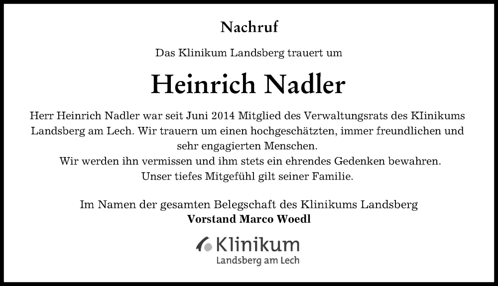  Traueranzeige für Heinrich Nadler vom 07.12.2022 aus Landsberger Tagblatt