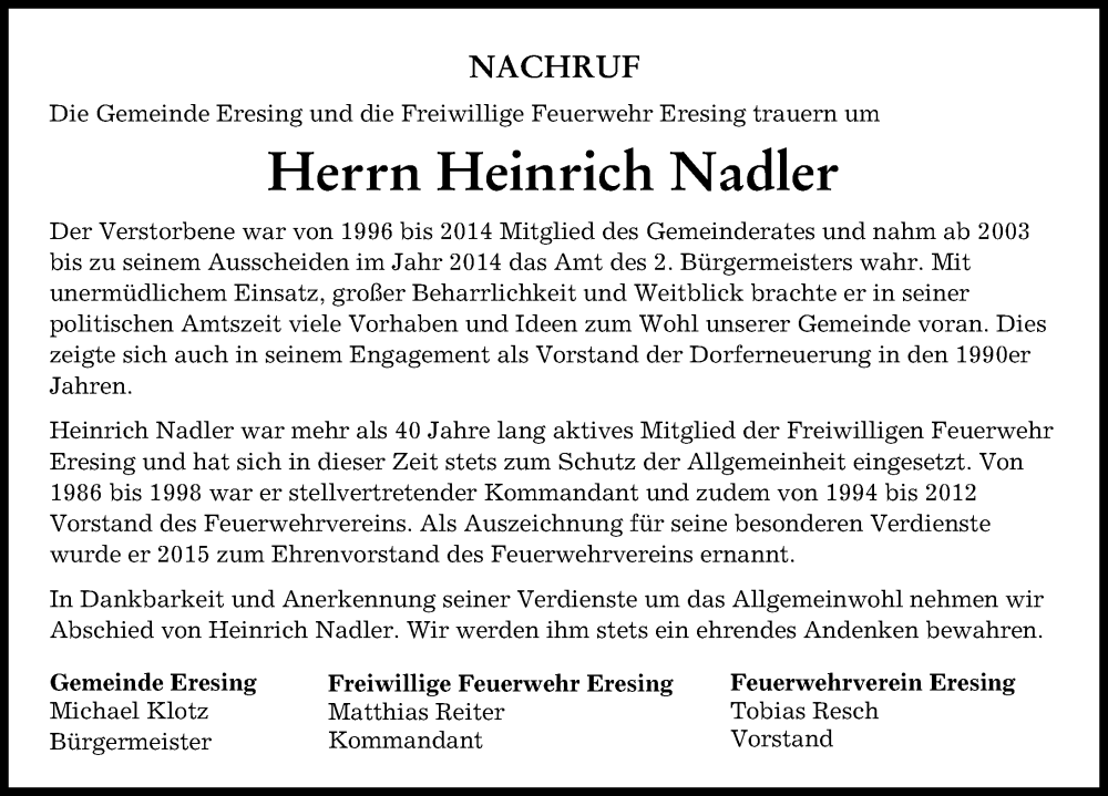  Traueranzeige für Heinrich Nadler vom 07.12.2022 aus Landsberger Tagblatt