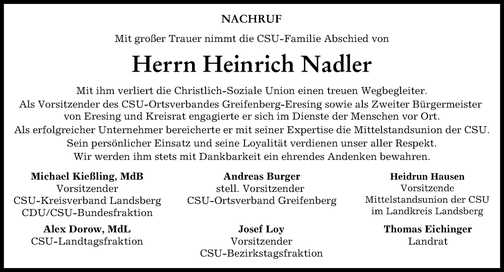  Traueranzeige für Heinrich Nadler vom 06.12.2022 aus Landsberger Tagblatt