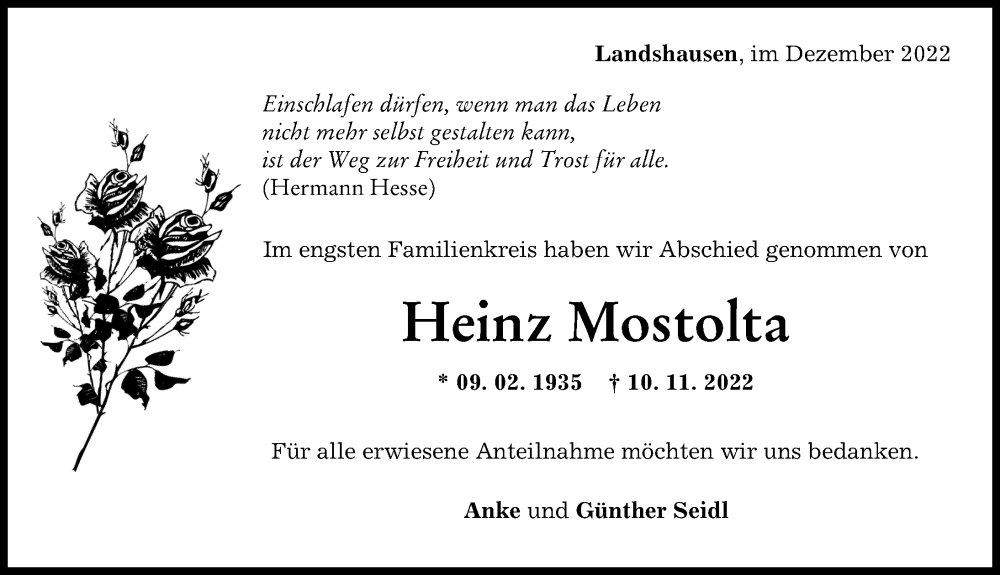  Traueranzeige für Heinz Mostolta vom 02.12.2022 aus Donau Zeitung